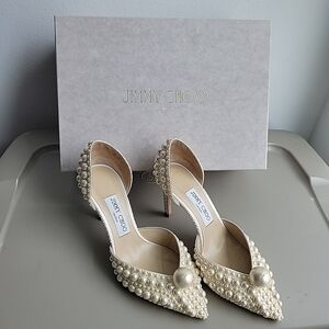 JIMMY CHOO Sabine 85 All Over Pearls Satin Heels Pumps Size 37.5, Original Box